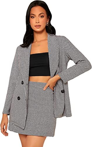 Women's 2 Piece Outfits Houndstooth Double Breasted Blazer and Skirt Suit Set