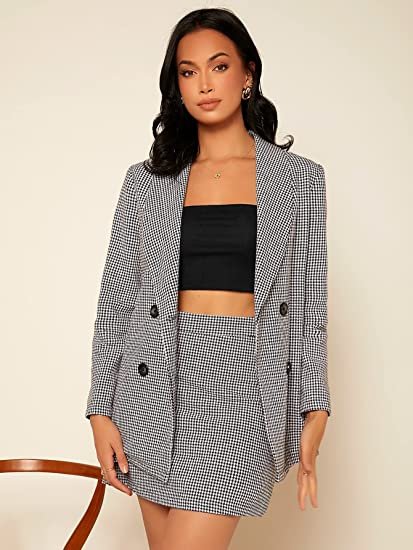 Women's 2 Piece Outfits Houndstooth Double Breasted Blazer and Skirt Suit Set